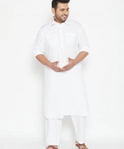 Plus Size Collection VASTRAMAY Men's Plus Size White Cotton Blend Pathani Set