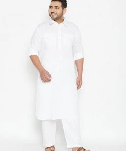 Plus Size Collection VASTRAMAY Men's Plus Size White Cotton Blend Pathani Set