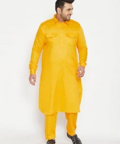 VASTRAMAY Men's Plus Size Yellow Cotton Blend Pathani Set Plus Size Collection