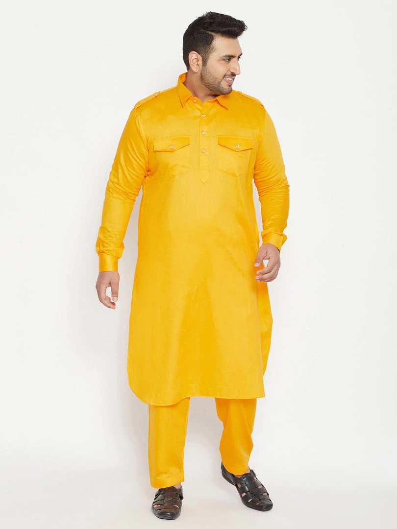 VASTRAMAY Men's Plus Size Yellow Cotton Blend Pathani Set Plus Size Collection 3 VASTRAMAY Men's Plus Size Yellow Cotton Blend Pathani Set Plus Size Collection