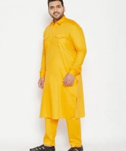 VASTRAMAY Men's Plus Size Yellow Cotton Blend Pathani Set Plus Size Collection