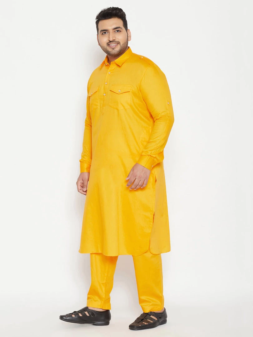 VASTRAMAY Men's Plus Size Yellow Cotton Blend Pathani Set Plus Size Collection 4 VASTRAMAY Men's Plus Size Yellow Cotton Blend Pathani Set Plus Size Collection