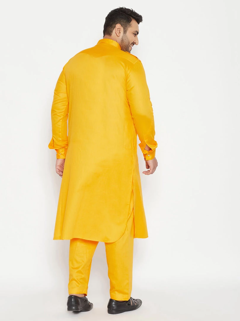 VASTRAMAY Men's Plus Size Yellow Cotton Blend Pathani Set Plus Size Collection 5 VASTRAMAY Men's Plus Size Yellow Cotton Blend Pathani Set Plus Size Collection