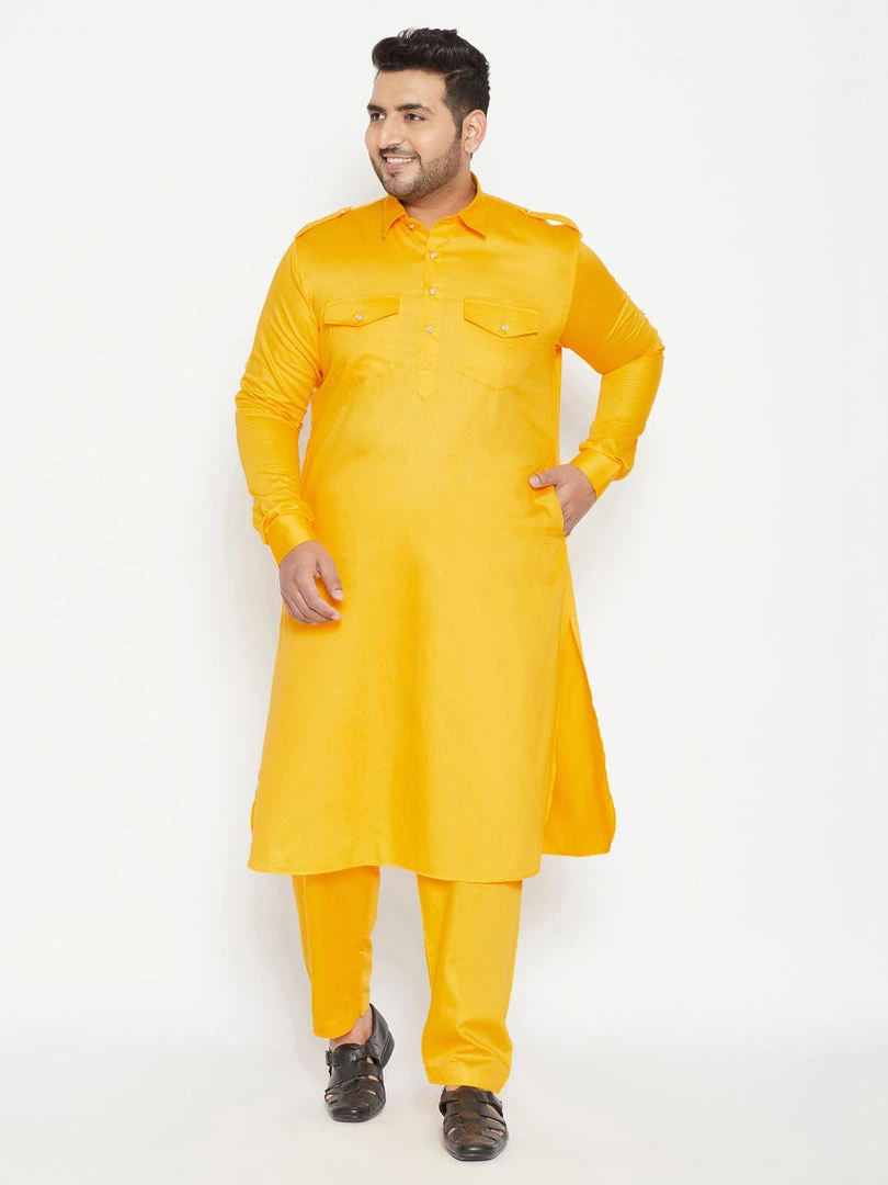 VASTRAMAY Men's Plus Size Yellow Cotton Blend Pathani Set Plus Size Collection 8 VASTRAMAY Men's Plus Size Yellow Cotton Blend Pathani Set Plus Size Collection