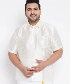 Vastramay Plus Size Collection Men's Plus Size Cream Silk Blend Ethnic Shirt