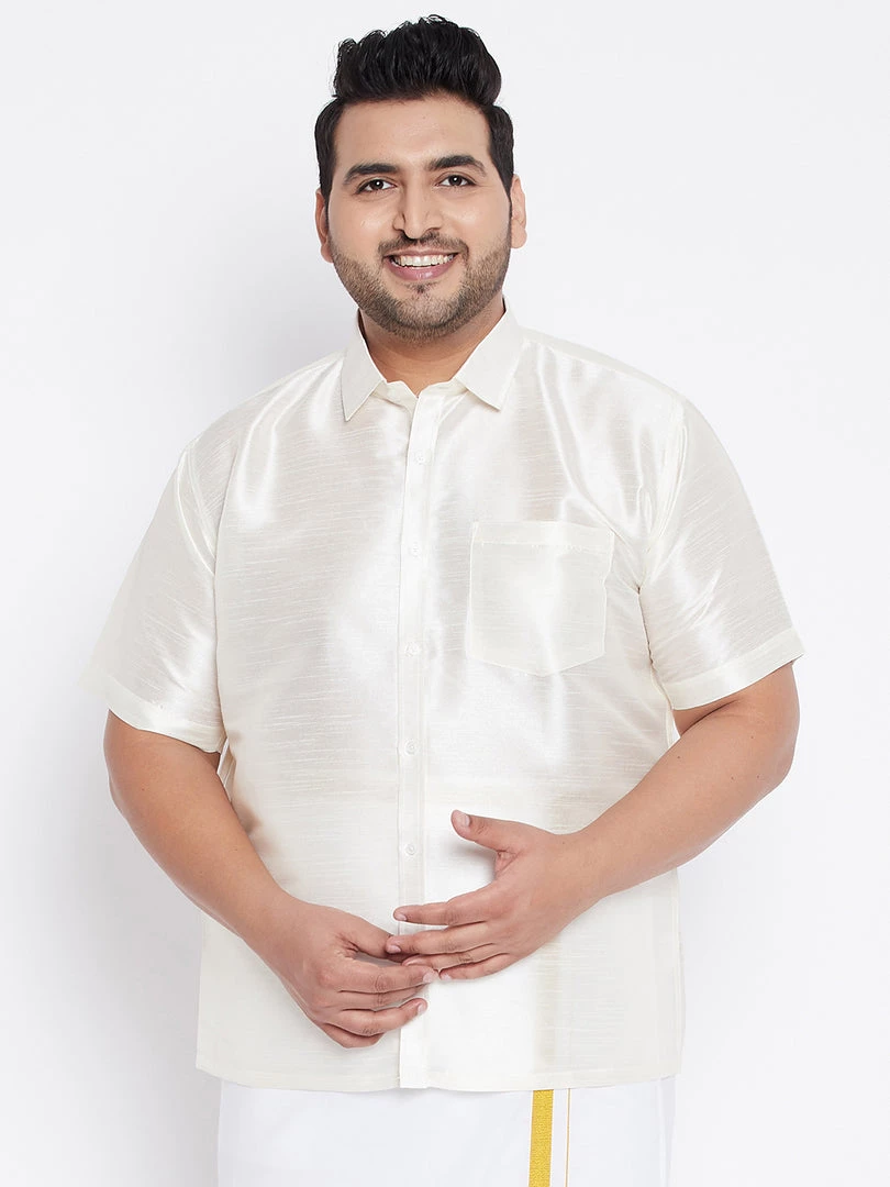 Vastramay Plus Size Collection Men's Plus Size Cream Silk Blend Ethnic Shirt 3 Vastramay Plus Size Collection Men's Plus Size Cream Silk Blend Ethnic Shirt
