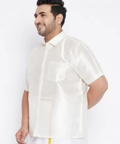 Vastramay Plus Size Collection Men's Plus Size Cream Silk Blend Ethnic Shirt