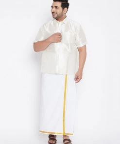 Vastramay Plus Size Collection Men's Plus Size Cream Silk Blend Ethnic Shirt 12 Vastramay Plus Size Collection Men's Plus Size Cream Silk Blend Ethnic Shirt