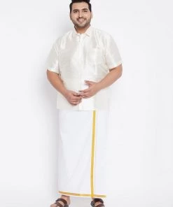 Vastramay Men's Plus Size Cream And White Silk Blend Shirt And Mundu Set Plus Size Collection