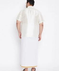 Vastramay Men's Plus Size Cream And White Silk Blend Shirt And Mundu Set Plus Size Collection