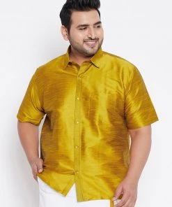 VASTRAMAY Men's Plus Size Mustard Silk Blend Ethnic Shirt Plus Size Collection