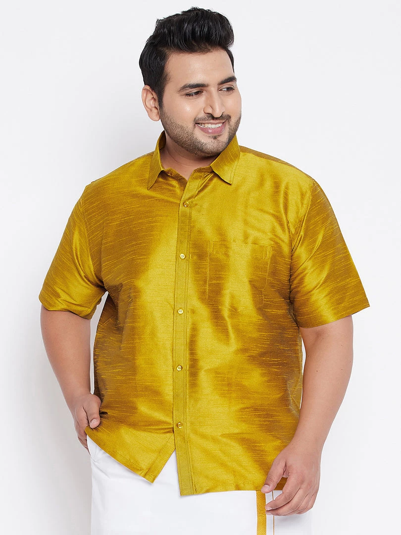 VASTRAMAY Men's Plus Size Mustard Silk Blend Ethnic Shirt Plus Size Collection 3 VASTRAMAY Men's Plus Size Mustard Silk Blend Ethnic Shirt Plus Size Collection