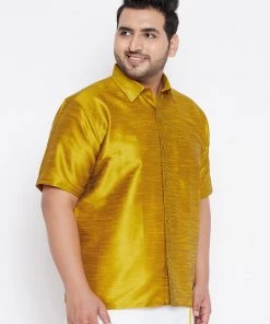 VASTRAMAY Men's Plus Size Mustard Silk Blend Ethnic Shirt Plus Size Collection