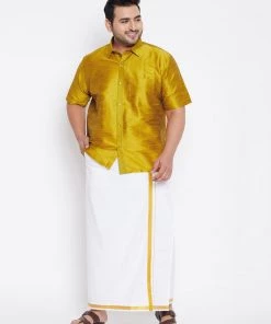 Vastramay Men's Plus Size Mustard And White Silk Blend Shirt And Mundu Set Plus Size Collection