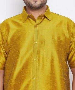 Vastramay Men's Plus Size Mustard And White Silk Blend Shirt And Mundu Set Plus Size Collection