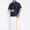 Vastramay Men's Plus Size Navy Blue And White Silk Blend Shirt And Mundu Set Plus Size Collection 1 Vastramay Men's Plus Size Navy Blue And White Silk Blend Shirt And Mundu Set Plus Size Collection