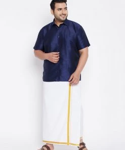 Vastramay Men's Plus Size Navy Blue And White Silk Blend Shirt And Mundu Set Plus Size Collection