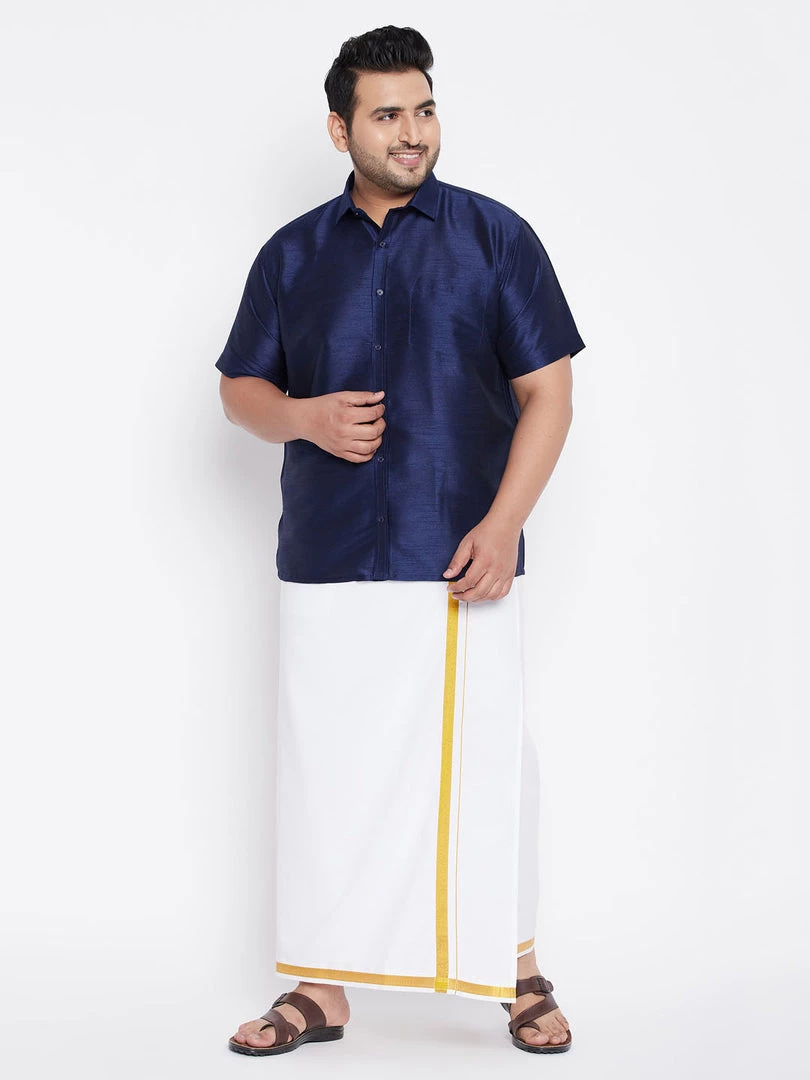 Vastramay Men's Plus Size Navy Blue And White Silk Blend Shirt And Mundu Set Plus Size Collection 3 Vastramay Men's Plus Size Navy Blue And White Silk Blend Shirt And Mundu Set Plus Size Collection