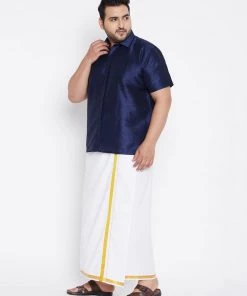 Vastramay Men's Plus Size Navy Blue And White Silk Blend Shirt And Mundu Set Plus Size Collection