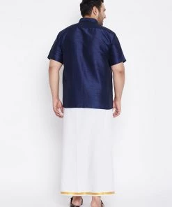 Vastramay Men's Plus Size Navy Blue And White Silk Blend Shirt And Mundu Set Plus Size Collection 9 Vastramay Men's Plus Size Navy Blue And White Silk Blend Shirt And Mundu Set Plus Size Collection