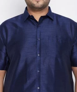 Vastramay Men's Plus Size Navy Blue And White Silk Blend Shirt And Mundu Set Plus Size Collection 10 Vastramay Men's Plus Size Navy Blue And White Silk Blend Shirt And Mundu Set Plus Size Collection