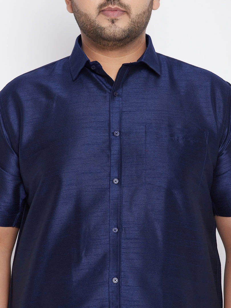 Vastramay Men's Plus Size Navy Blue And White Silk Blend Shirt And Mundu Set Plus Size Collection 6 Vastramay Men's Plus Size Navy Blue And White Silk Blend Shirt And Mundu Set Plus Size Collection