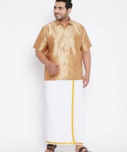 Vastramay Plus Size Collection Men's Plus Size Rose Gold And White Silk Blend Shirt And Mundu Set
