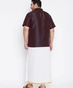 Vastramay Plus Size Collection Men's Plus Size Wine And White Silk Blend Shirt And Mundu Set 10 Vastramay Plus Size Collection Men's Plus Size Wine And White Silk Blend Shirt And Mundu Set
