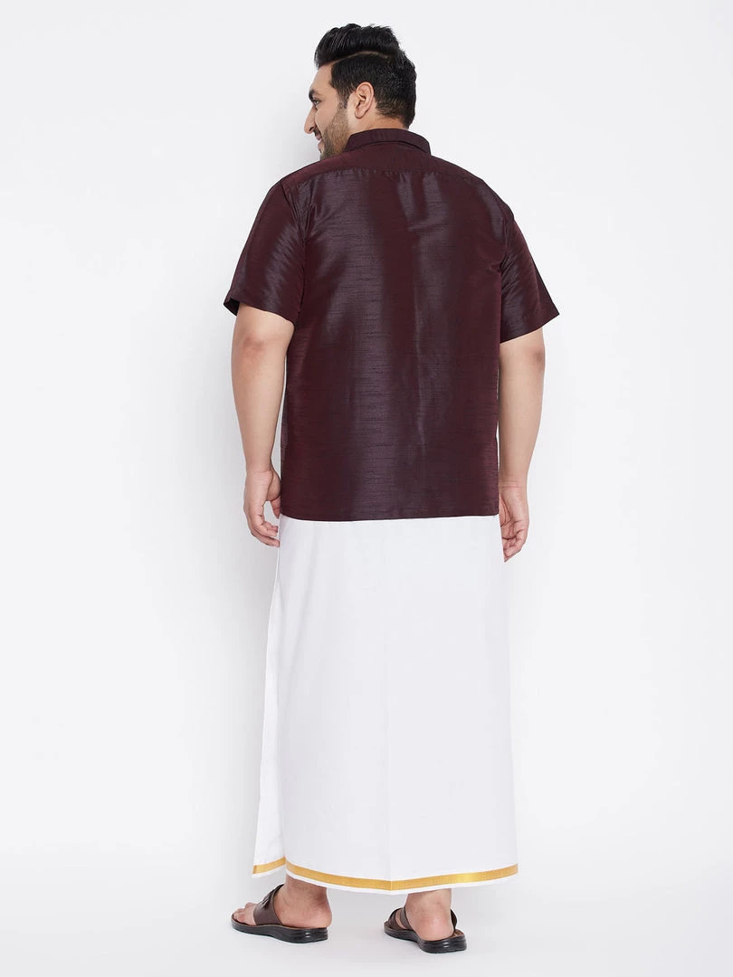 Vastramay Plus Size Collection Men's Plus Size Wine And White Silk Blend Shirt And Mundu Set 5 Vastramay Plus Size Collection Men's Plus Size Wine And White Silk Blend Shirt And Mundu Set