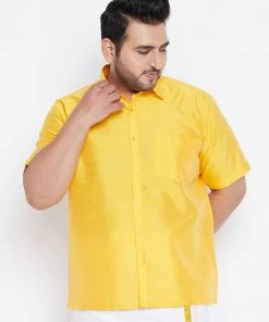 Plus Size Collection VASTRAMAY Men's Plus Size Yellow Silk Blend Ethnic Shirt