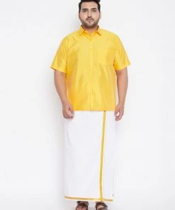 Plus Size Collection VASTRAMAY Men's Plus Size Yellow Silk Blend Ethnic Shirt