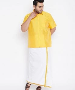 Vastramay Men's Plus Size Yellow And White Silk Blend Shirt And Mundu Set
