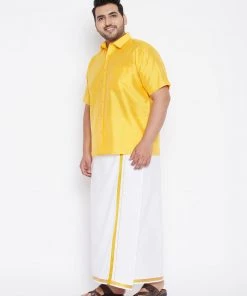 Vastramay Men's Plus Size Yellow And White Silk Blend Shirt And Mundu Set