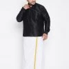 Vastramay Men's Plus Size Black And White Silk Blend Shirt And Mundu Set Plus Size Collection