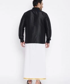 Vastramay Men's Plus Size Black And White Silk Blend Shirt And Mundu Set Plus Size Collection