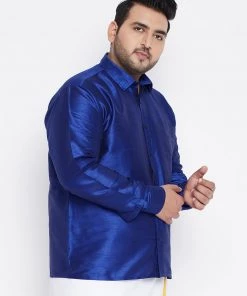 Plus Size Collection VASTRAMAY Men's Plus Size Blue Silk Blend Ethnic Shirt