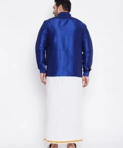 Vastramay Men's Plus Size Blue And White Silk Blend Shirt And Mundu Set Plus Size Collection