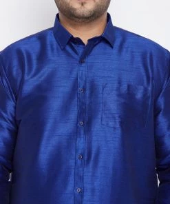 Vastramay Men's Plus Size Blue And White Silk Blend Shirt And Mundu Set Plus Size Collection