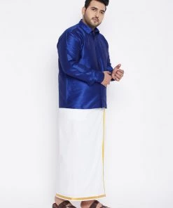Vastramay Men's Plus Size Blue And White Silk Blend Shirt And Mundu Set Plus Size Collection
