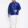 Vastramay Men's Plus Size Blue And White Silk Blend Shirt And Mundu Set Plus Size Collection