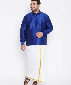Plus Size Collection VASTRAMAY Men's Plus Size Blue Silk Blend Ethnic Shirt