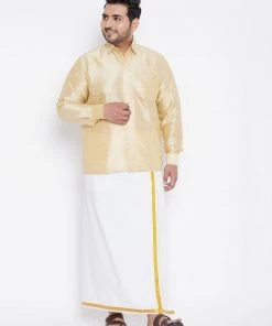 Vastramay Men's Plus Size Gold And White Silk Blend Shirt And Mundu Set Plus Size Collection