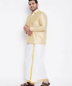 Vastramay Men's Plus Size Gold And White Silk Blend Shirt And Mundu Set Plus Size Collection