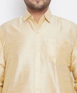Vastramay Men's Plus Size Gold And White Silk Blend Shirt And Mundu Set Plus Size Collection