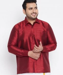 Plus Size Collection VASTRAMAY Men's Plus Size Maroon Silk Blend Ethnic Shirt