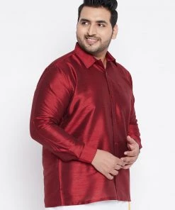 Plus Size Collection VASTRAMAY Men's Plus Size Maroon Silk Blend Ethnic Shirt