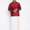 Vastramay Men's Plus Size Maroon And White Silk Blend Shirt And Mundu Set