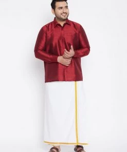 Vastramay Men's Plus Size Maroon And White Silk Blend Shirt And Mundu Set