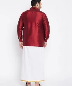 Vastramay Men's Plus Size Maroon And White Silk Blend Shirt And Mundu Set