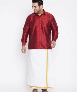 Vastramay Men's Plus Size Maroon And White Silk Blend Shirt And Mundu Set